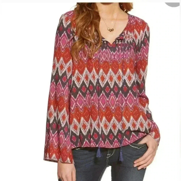 Ariat Sophia Print Long Sleeve Tassel Tie Top Size XL - Picture 1 of 7